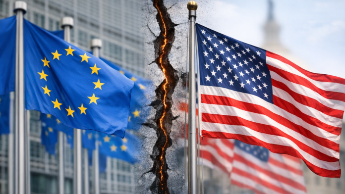 Flagi Unii Europejskiej i USA symbolizujące napięcia i podziały polityczne